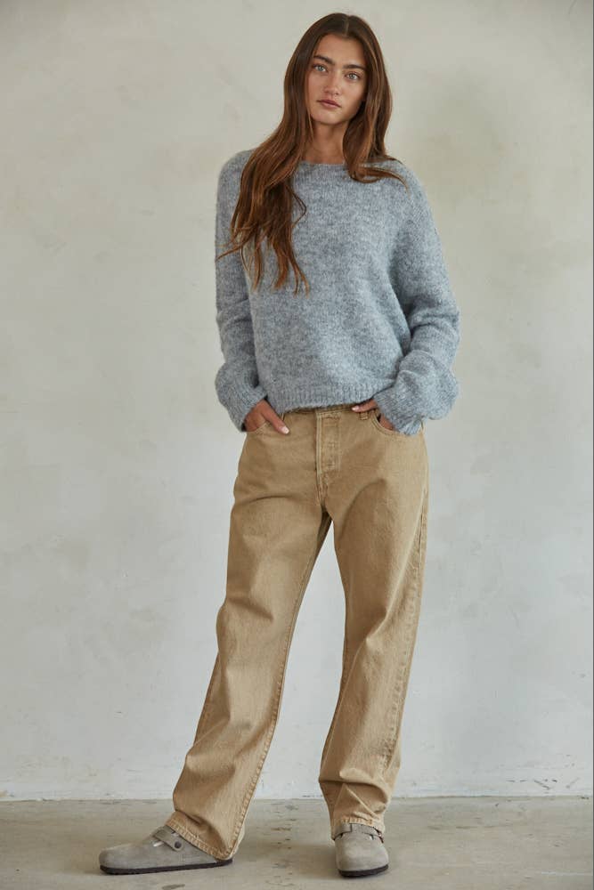 Knit Sweater Round Neck Long Sleeve Pullover Top: Heather Grey