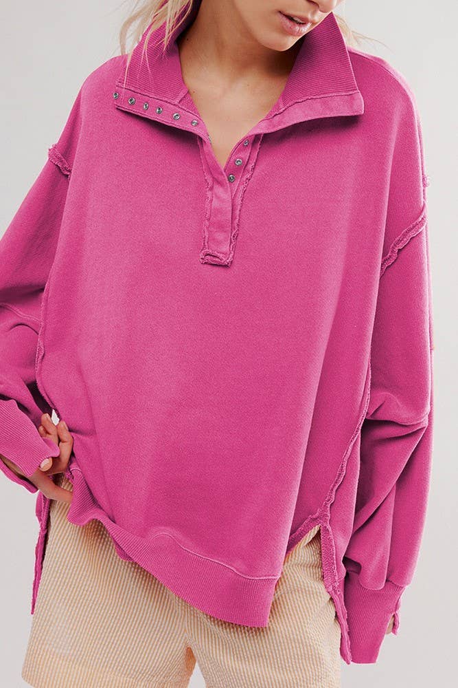 Fuchsia half button oversized sweatshirt