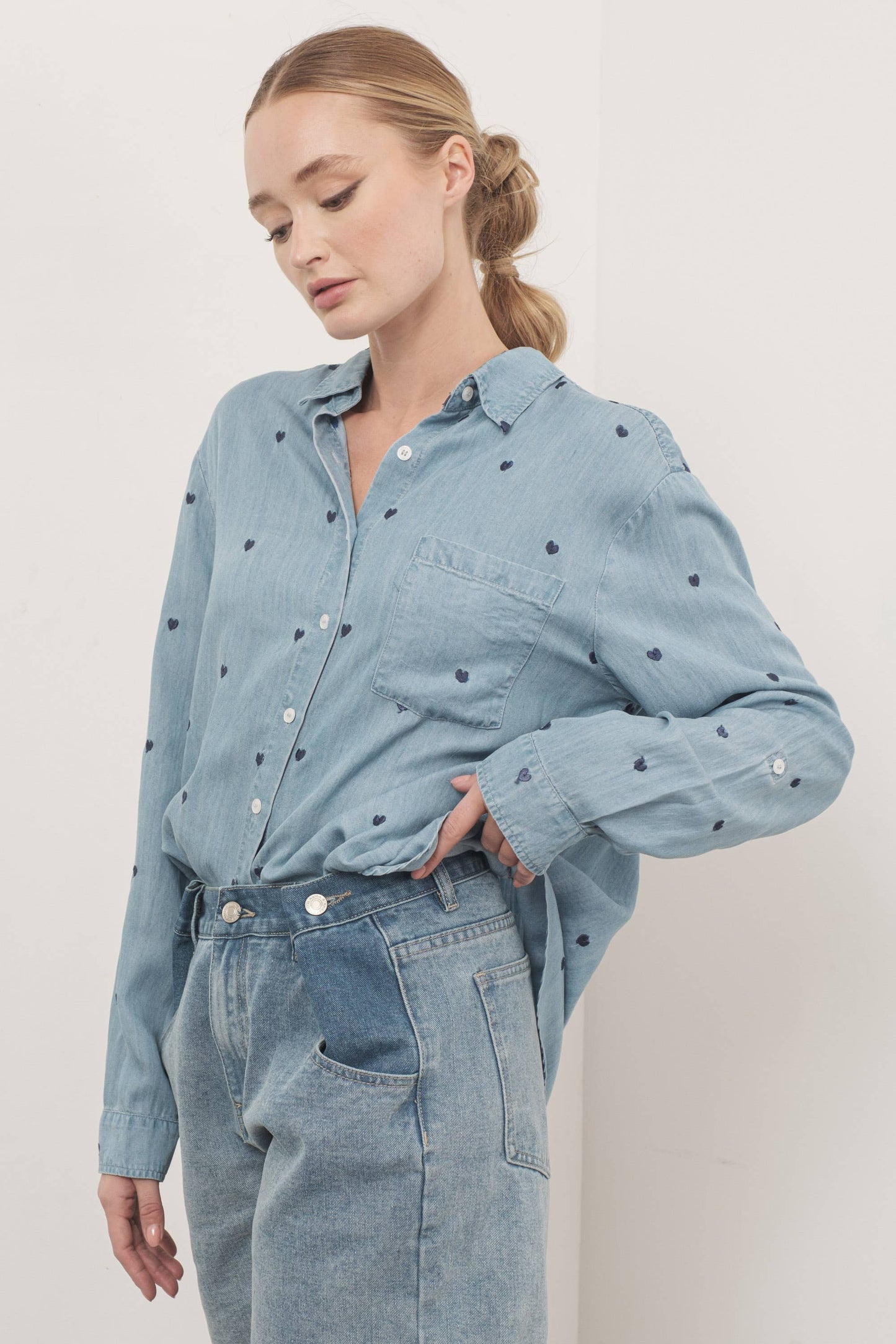 Heart Embroidered Denim Shirt