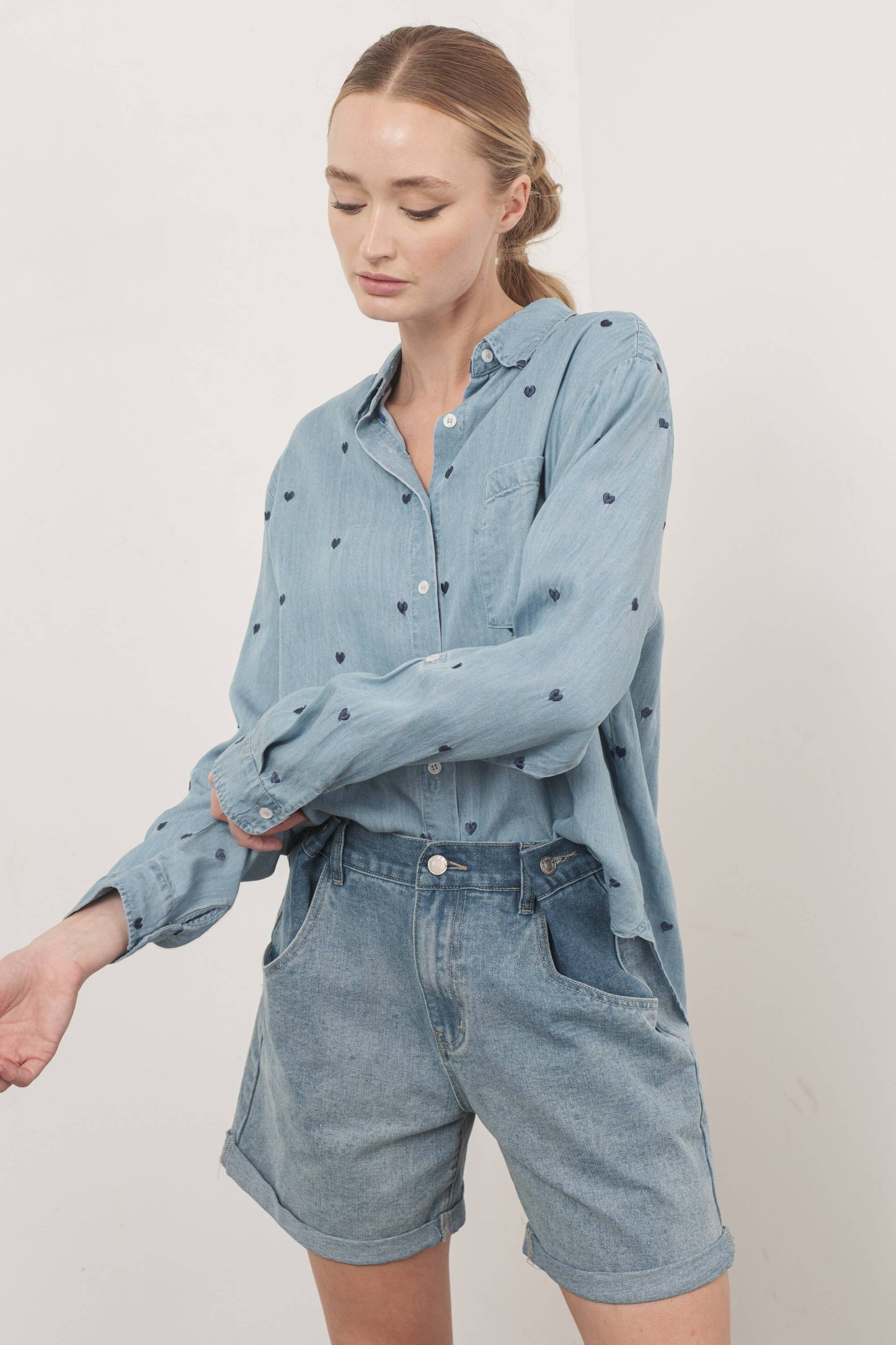 Heart Embroidered Denim Shirt