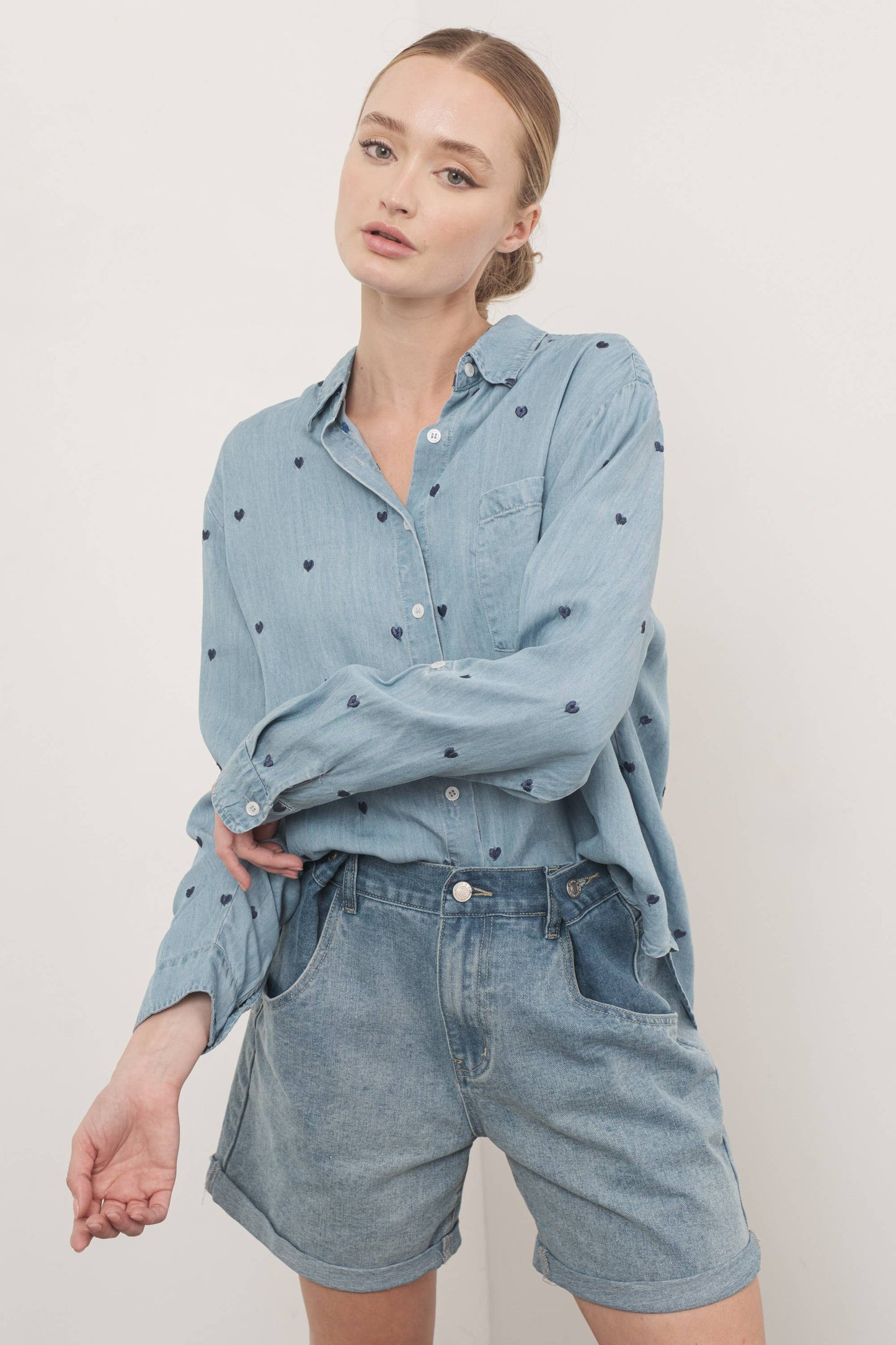 Heart Embroidered Denim Shirt