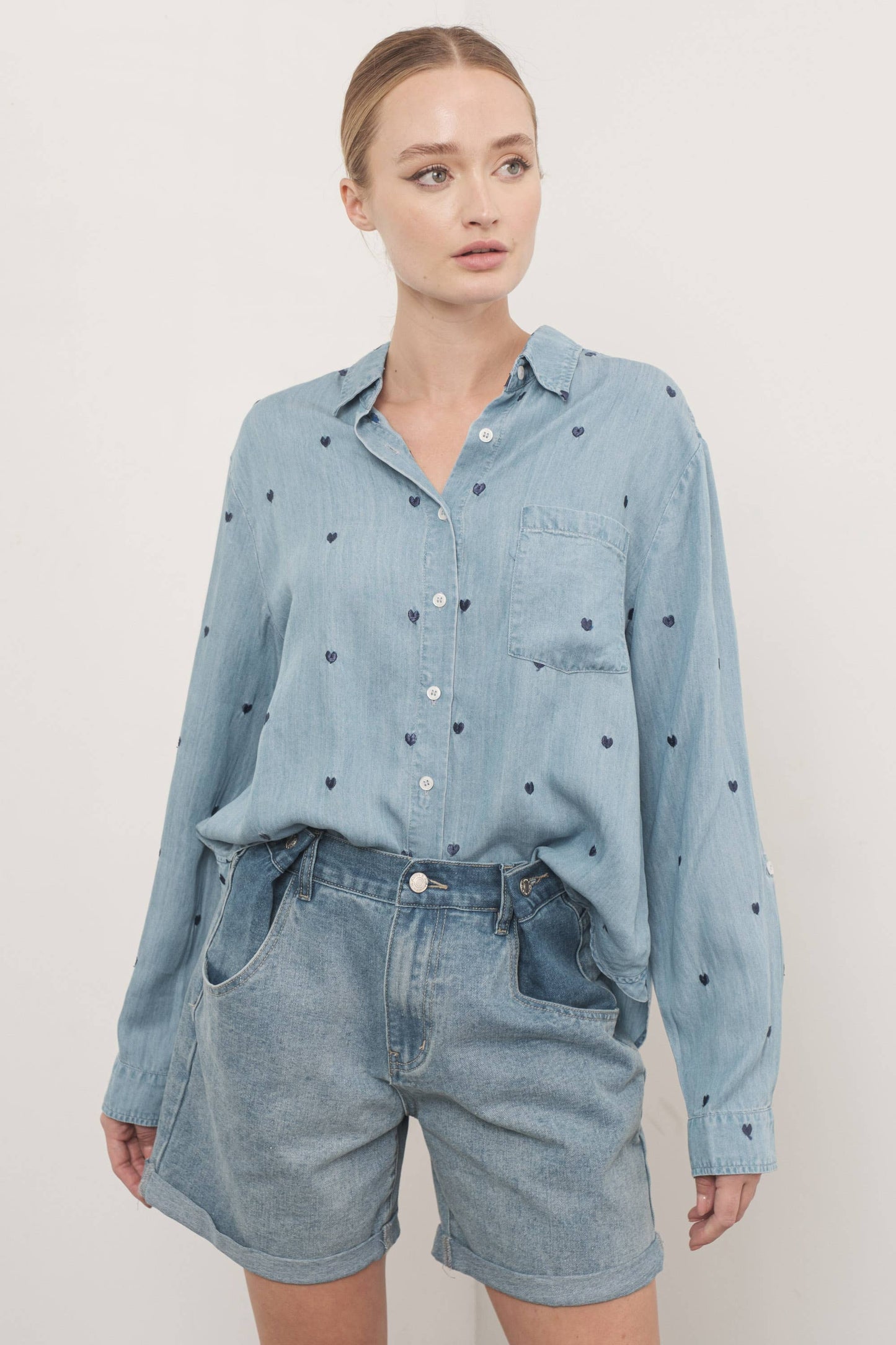 Heart Embroidered Denim Shirt