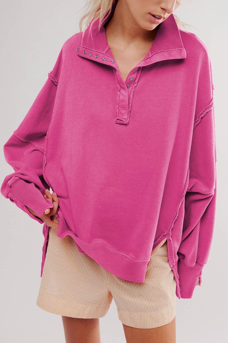 Fuchsia half button oversized sweatshirt