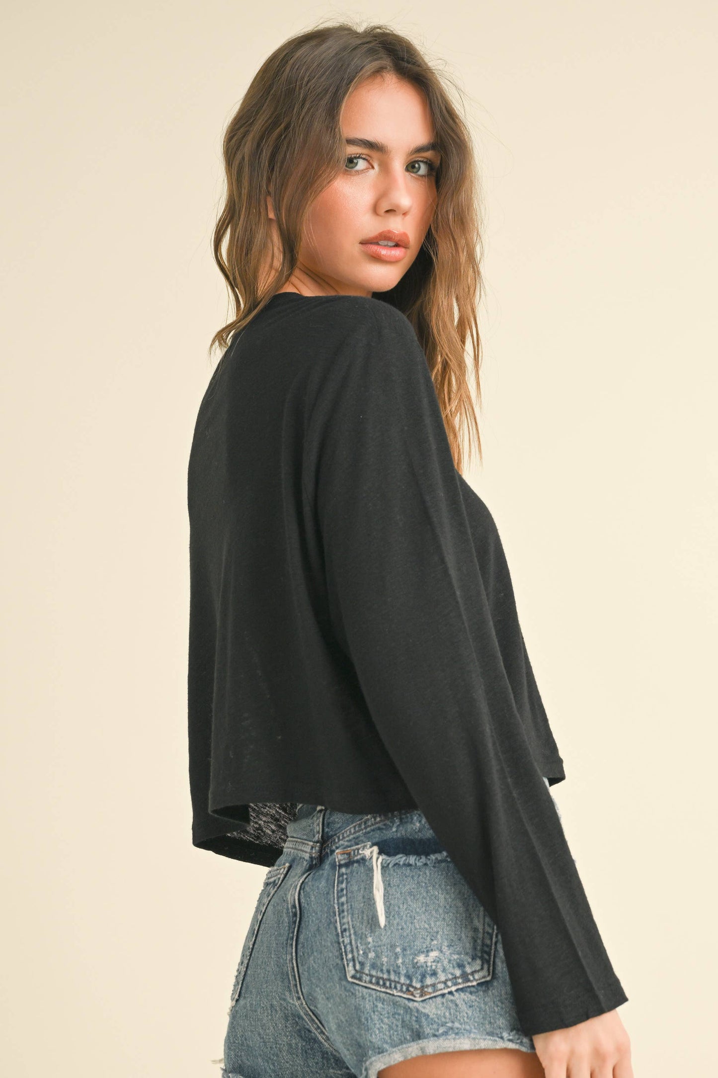 WHITE LONG SLEEVE LINEN BLEND TOP