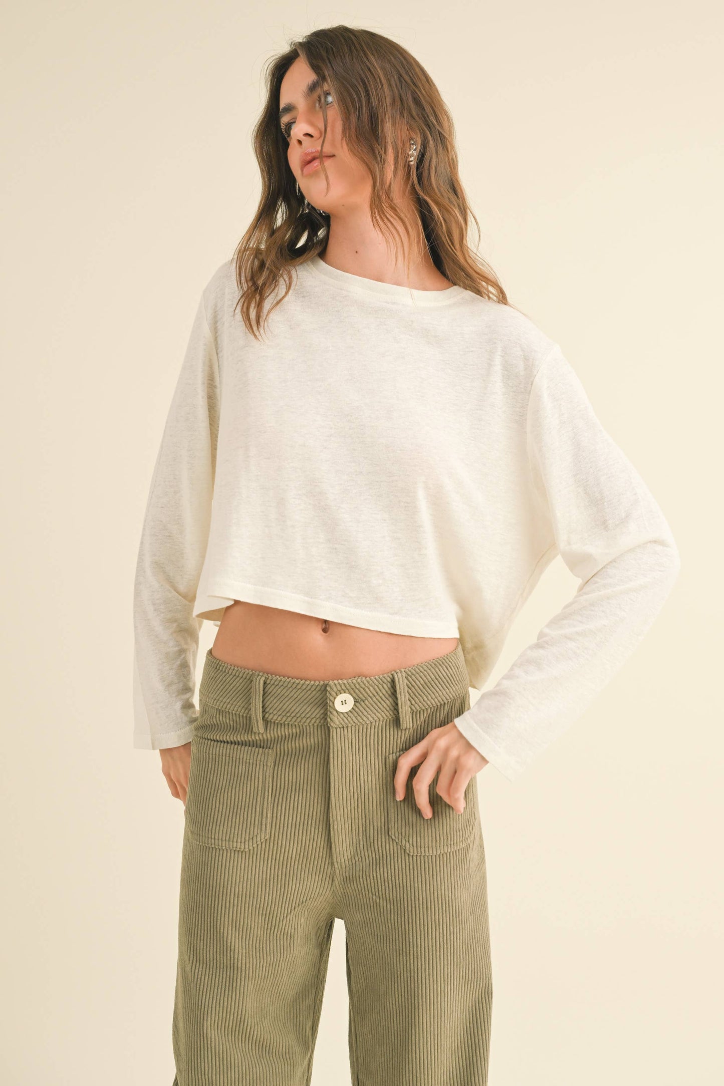 WHITE LONG SLEEVE LINEN BLEND TOP