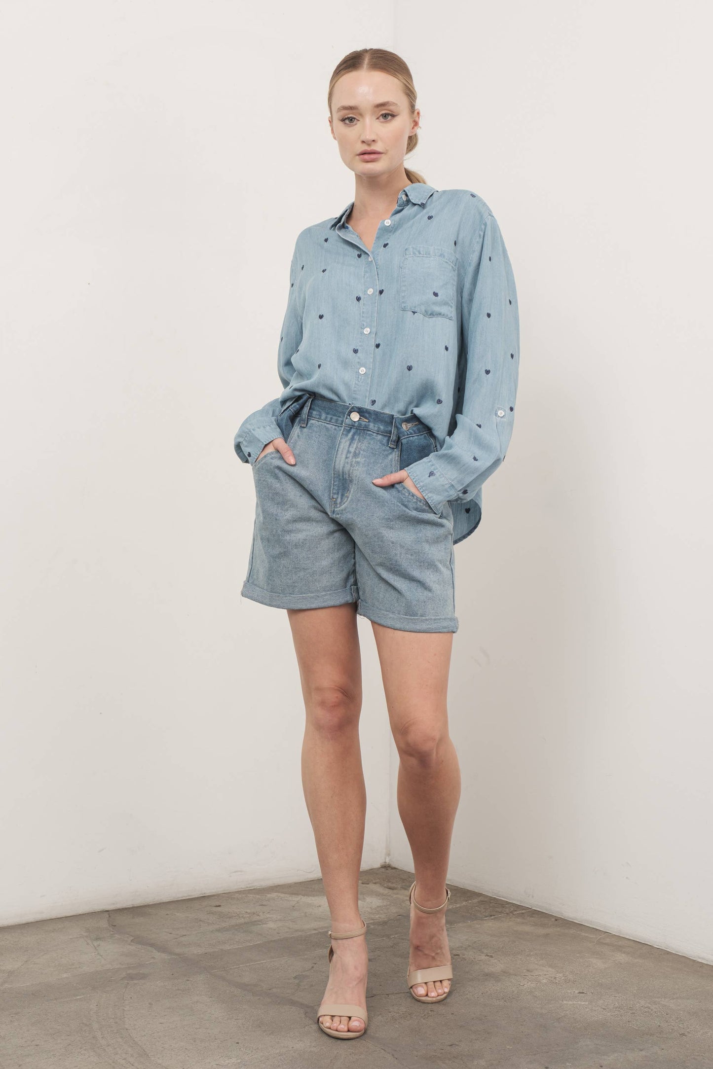 Heart Embroidered Denim Shirt