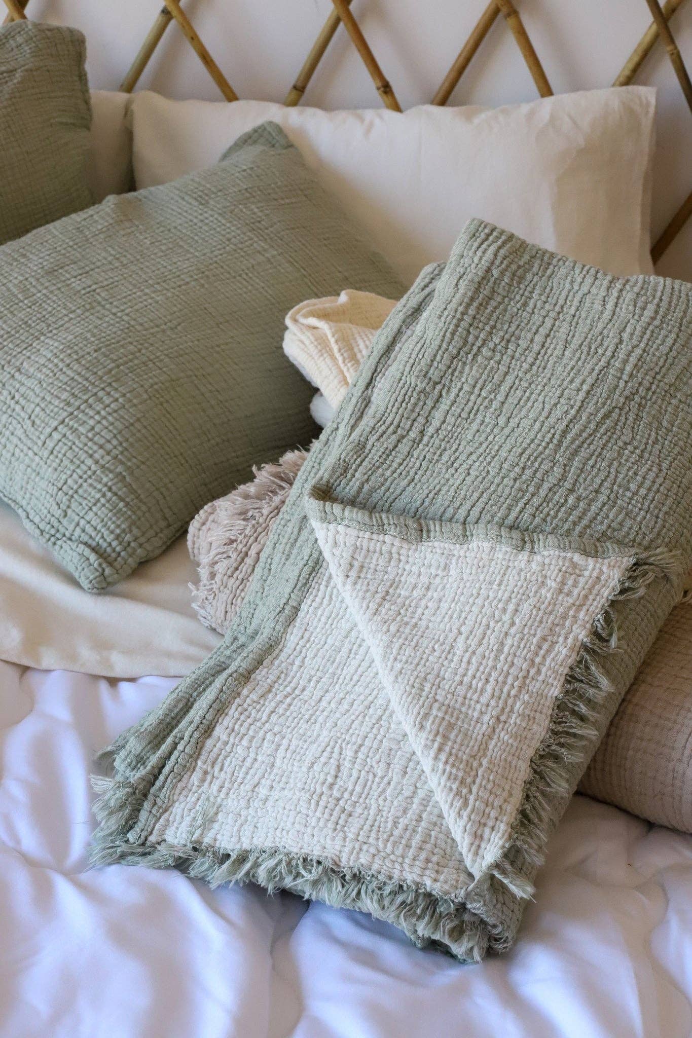 Organic Muslin Cotton Throw: Sage Green