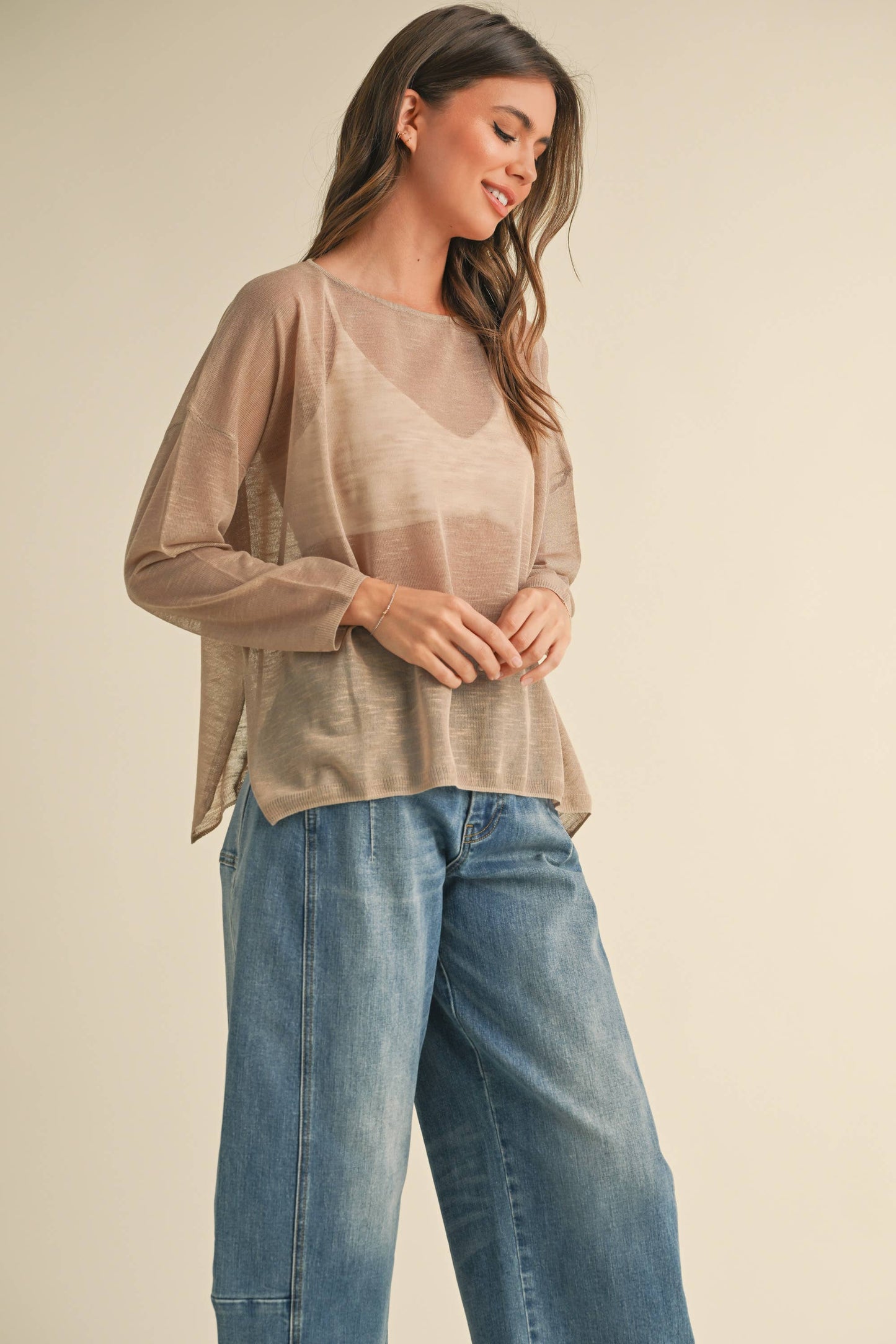 Mocha Long Sleeve Sheer Top