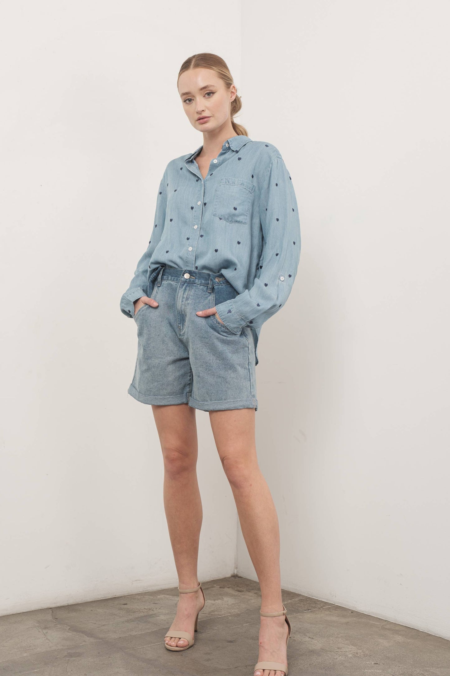 Heart Embroidered Denim Shirt