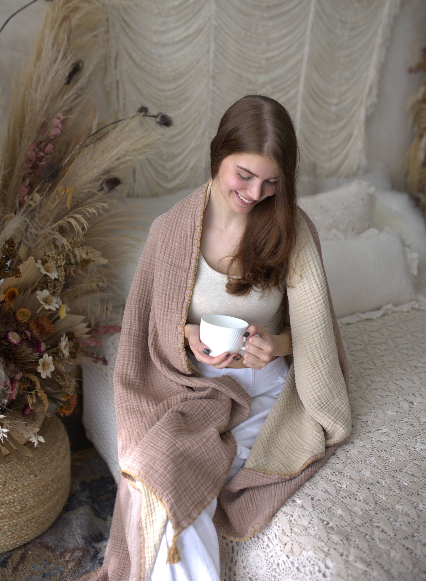 Organic Muslin Cotton Throw: Brown