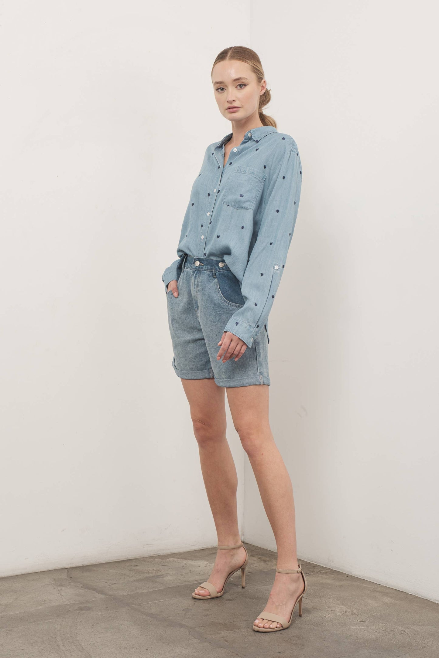 Heart Embroidered Denim Shirt