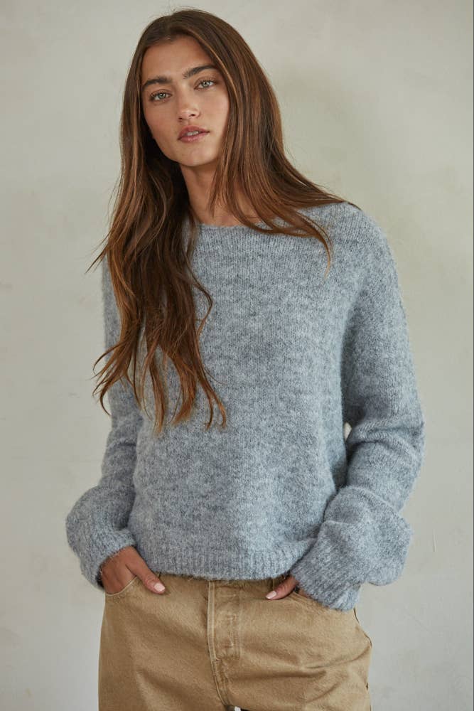 Knit Sweater Round Neck Long Sleeve Pullover Top: Heather Grey