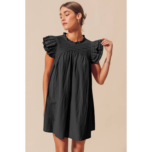 Pin Tucked Gauze Black Dress