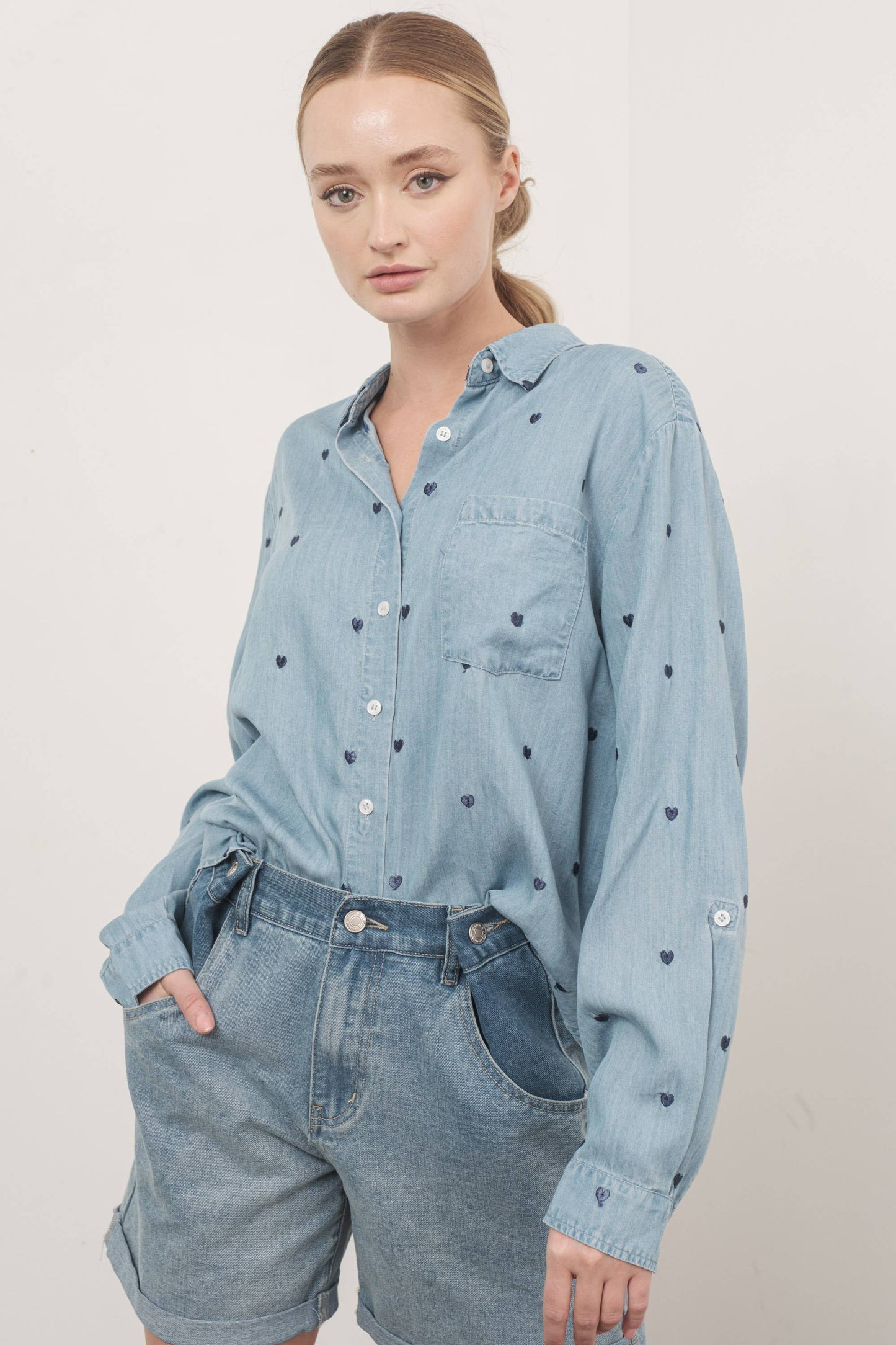 Heart Embroidered Denim Shirt