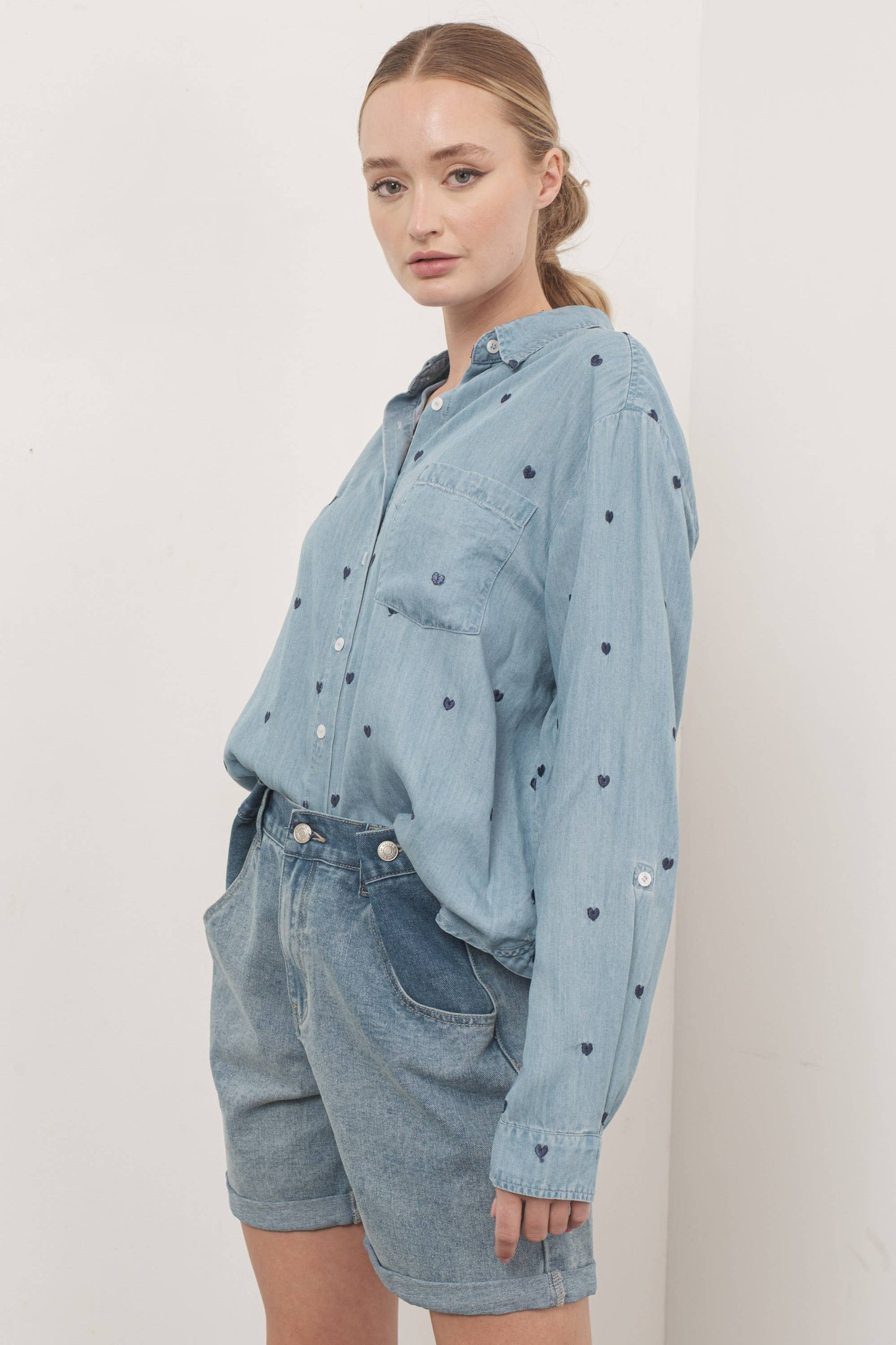 Heart Embroidered Denim Shirt