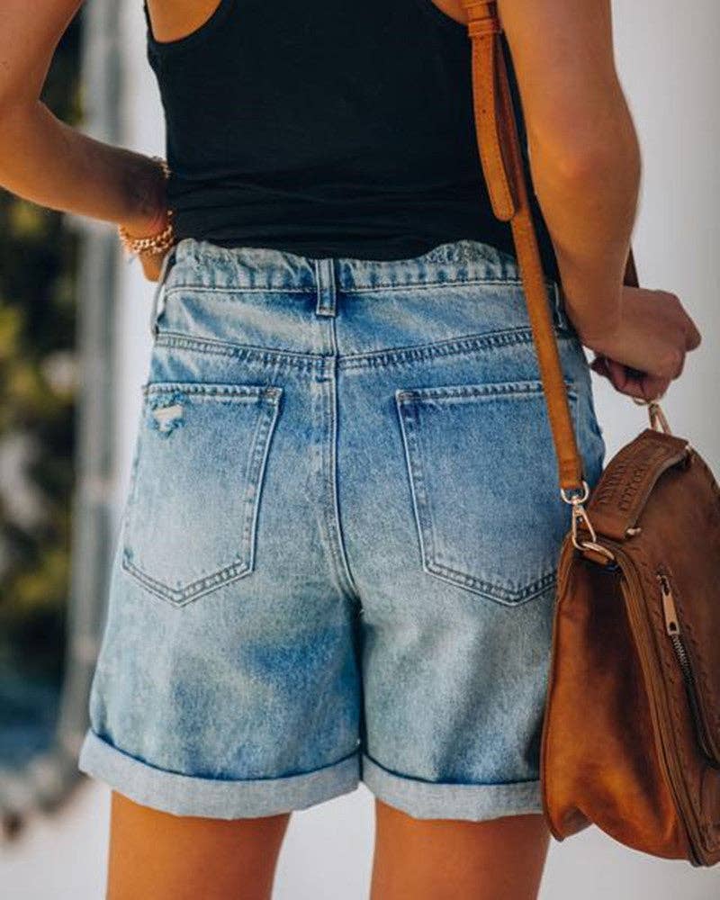 High Waist Folded Hem Denim Shorts