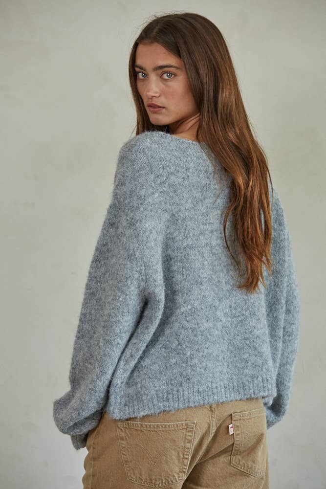 Knit Sweater Round Neck Long Sleeve Pullover Top: Heather Grey