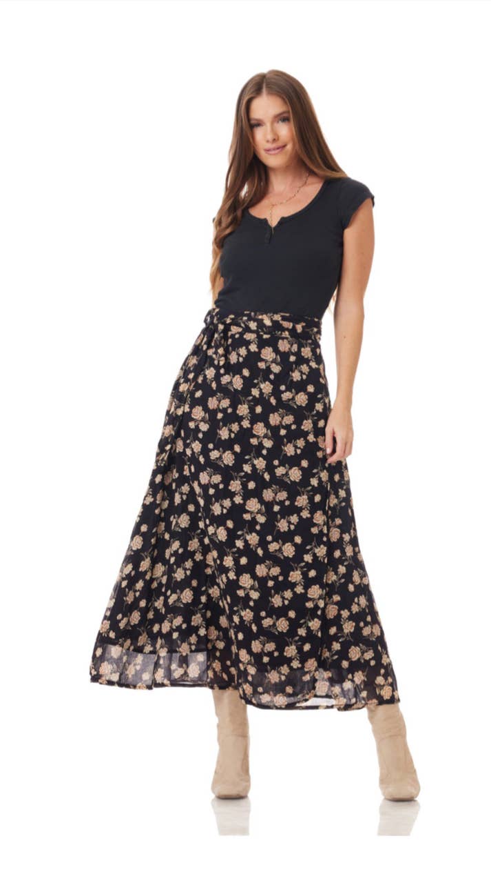 Vanessa Printed Maxi Wrap Skirt Black Rose